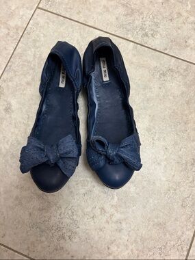 Miu Miu Deep Navy Leather Bow Flats